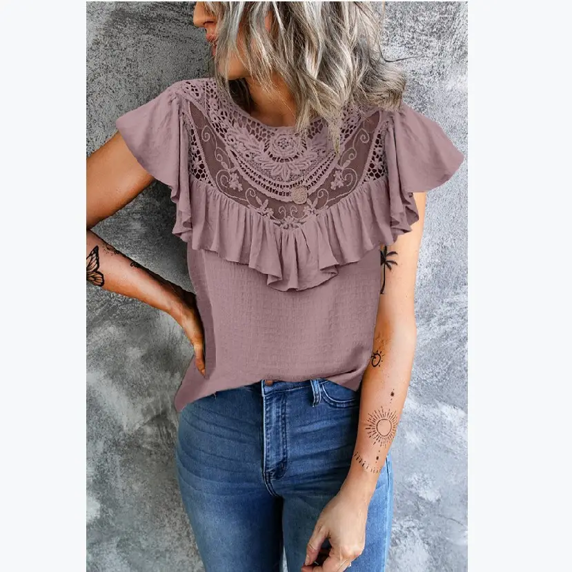 2022 Ruffled Lace Women's Vest Yellow Crewneck