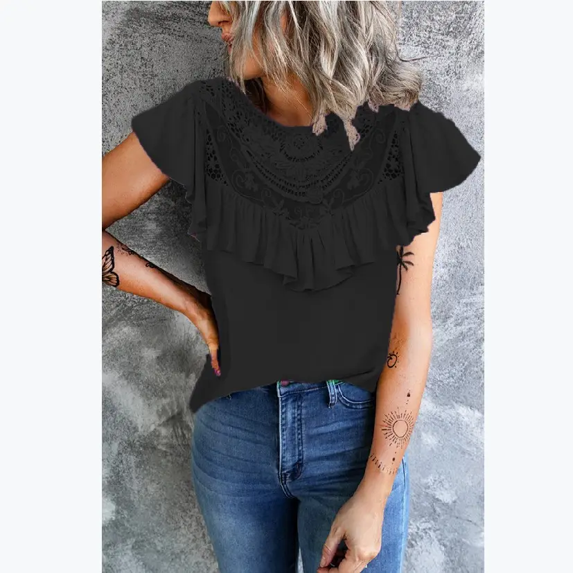2022 Ruffled Lace Women's Vest Yellow Crewneck