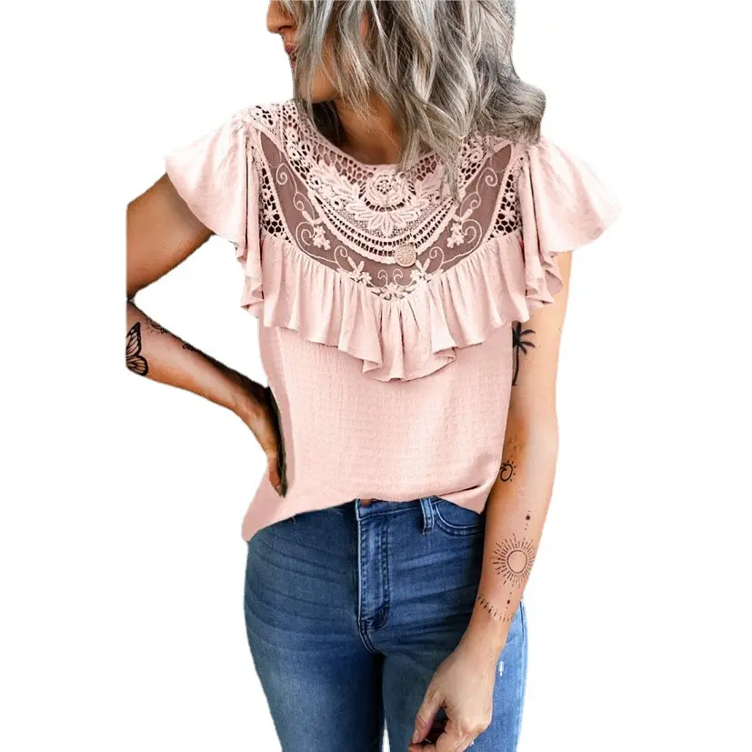 2022 Ruffled Lace Women's Vest Yellow Crewneck