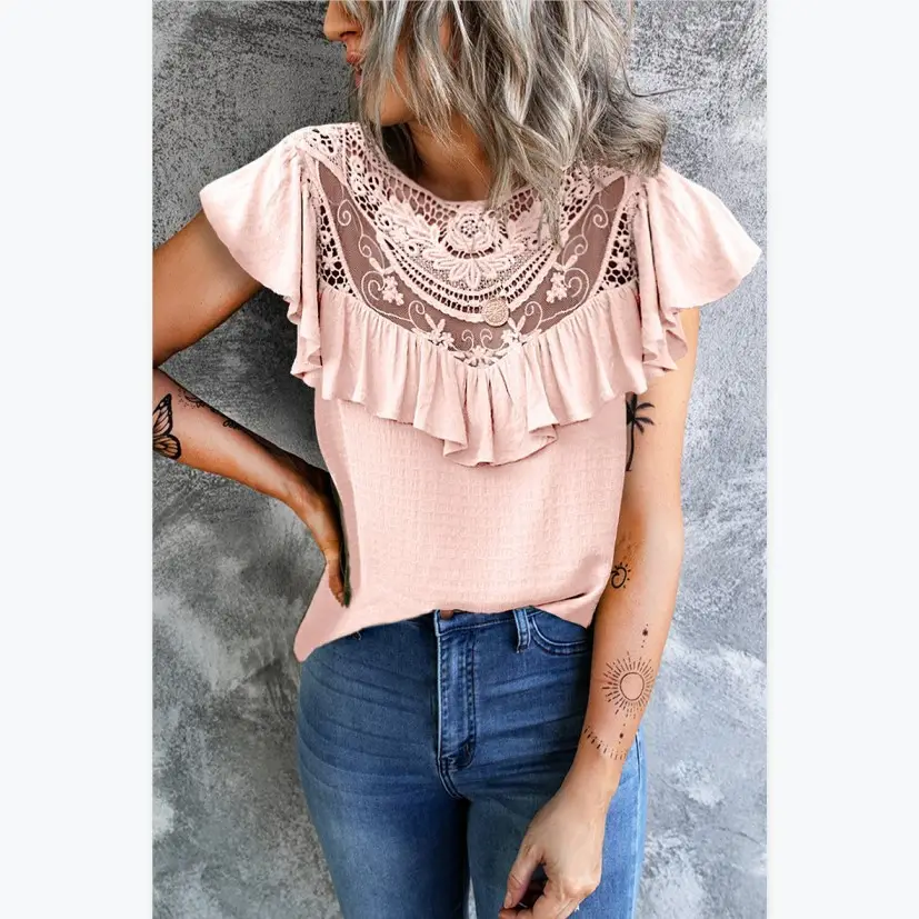 2022 Ruffled Lace Women's Vest Yellow Crewneck