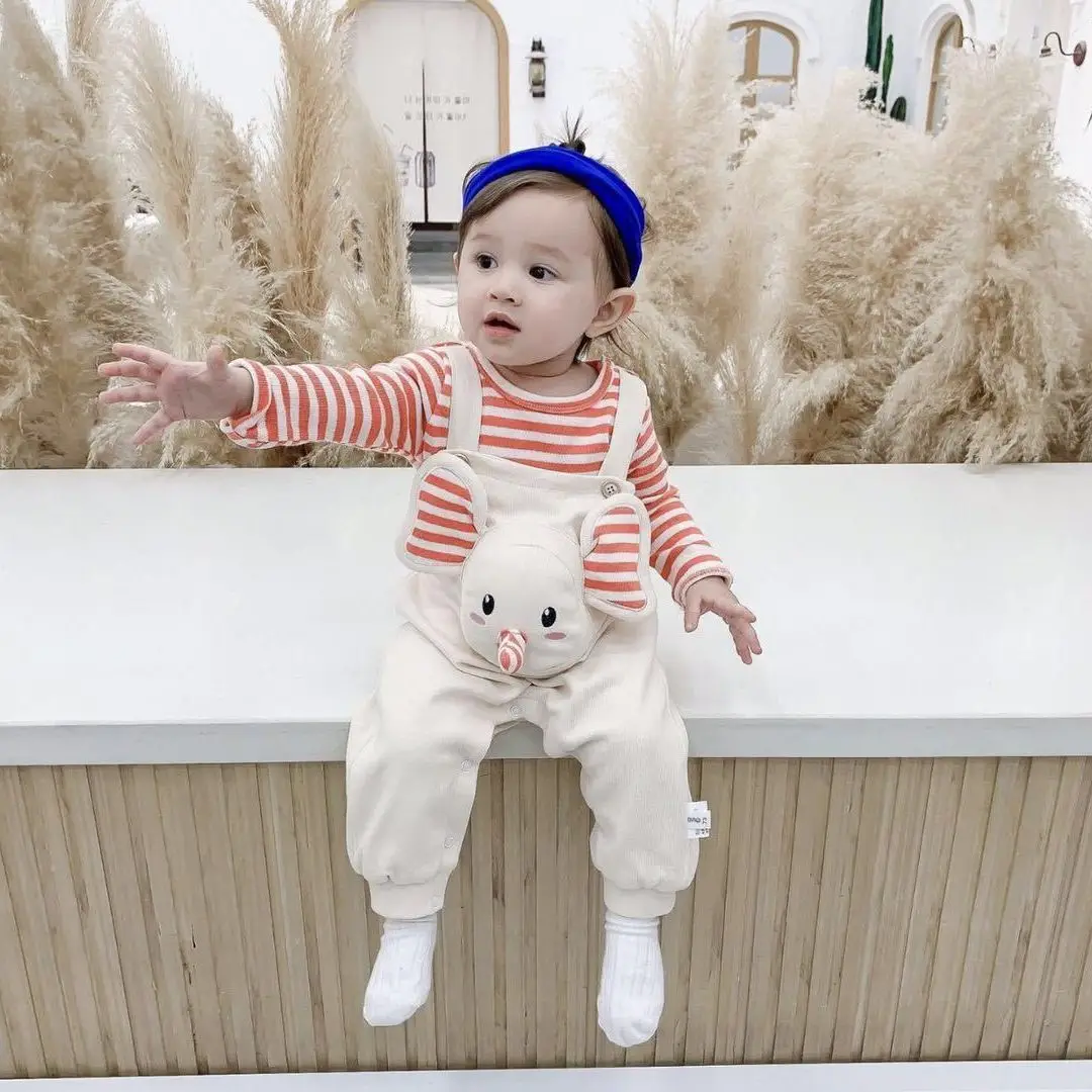 Cute Pig Design Baby Overalls Striped Pink White - Image 2