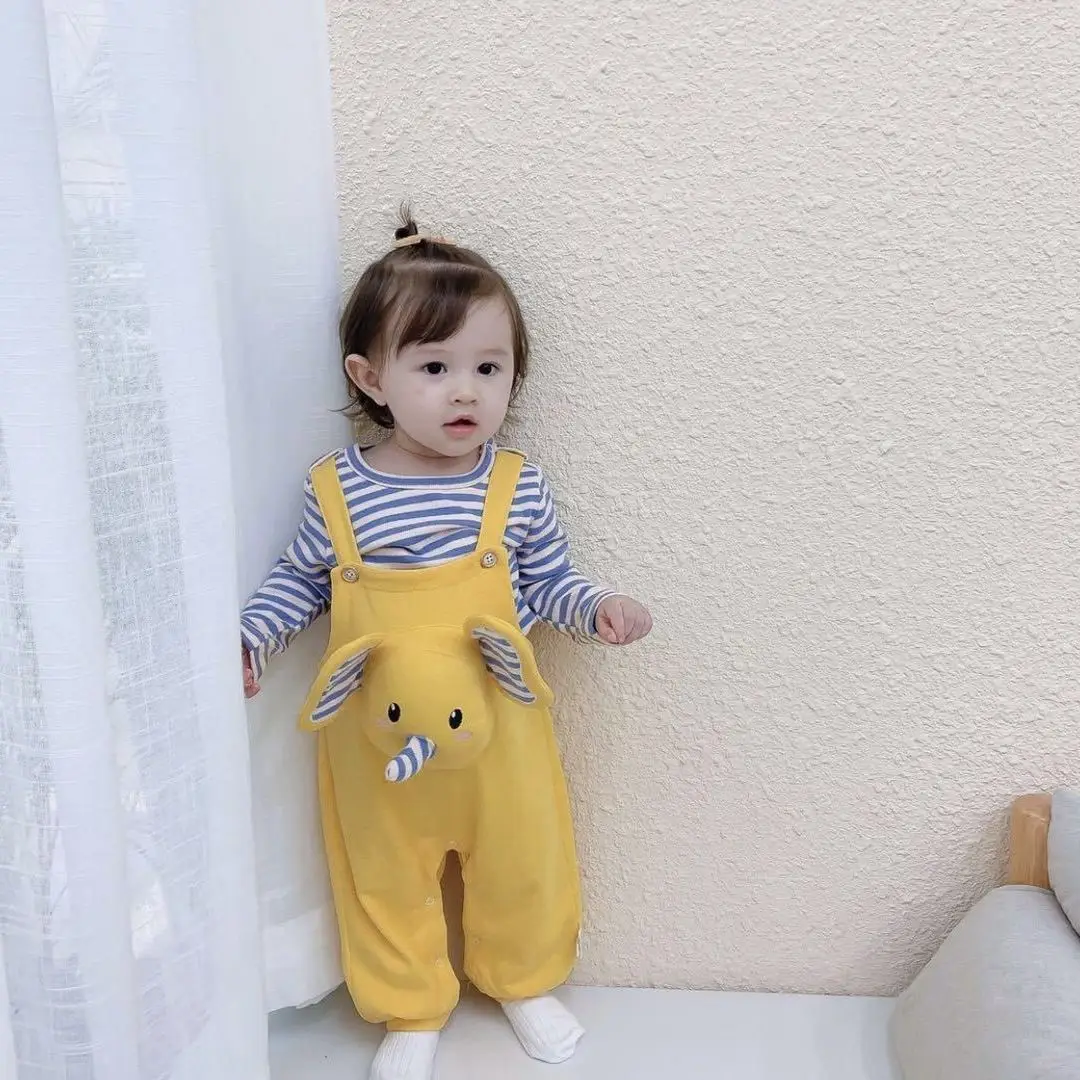 Cute Pig Design Baby Overalls Striped Pink White - Image 3
