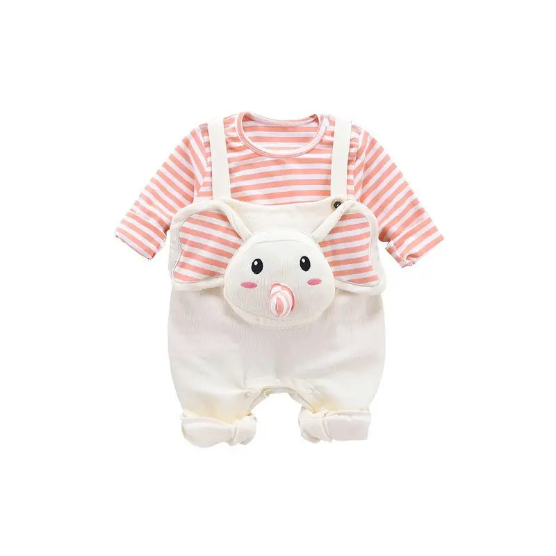 Cute Pig Design Baby Overalls Striped Pink White - Image 5