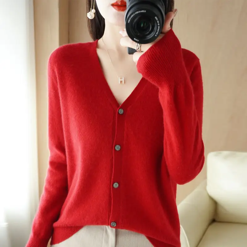 Women's Red Knit Cardigan Jacket Large Size - Image 12