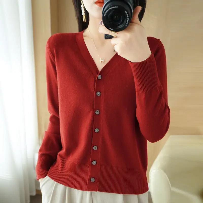 Women's Red Knit Cardigan Jacket Large Size - Image 2