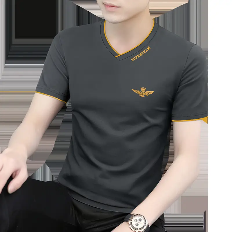 Men Ice Silk V-Neck T-Shirt Black Yellow - Image 10