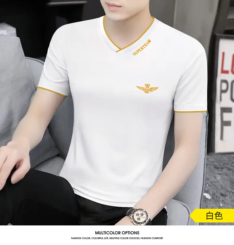Men Ice Silk V-Neck T-Shirt Black Yellow — feature 15
