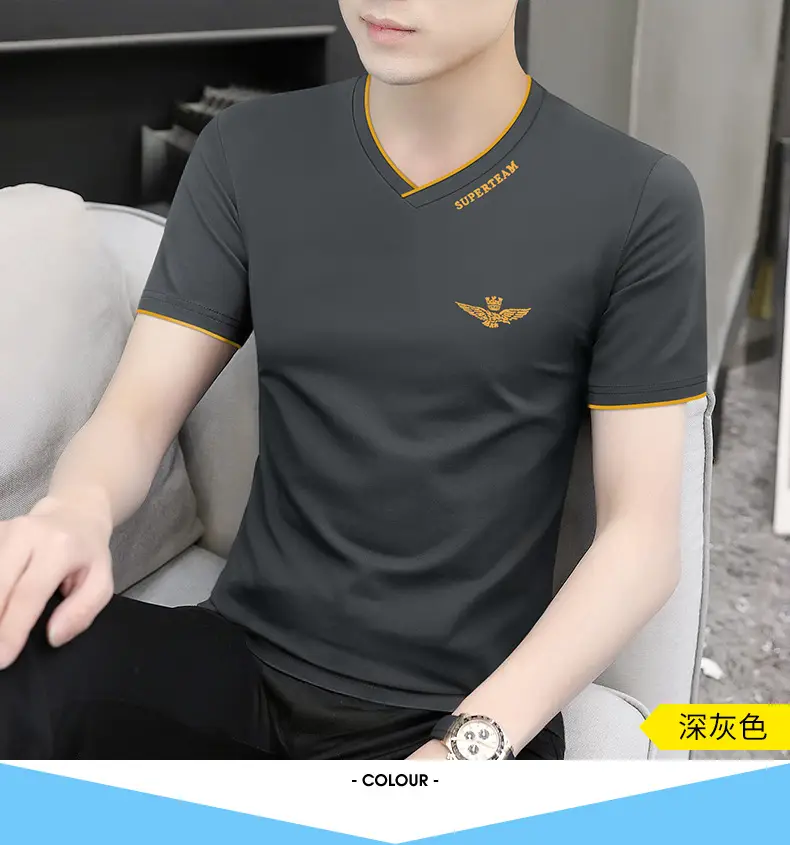Men Ice Silk V-Neck T-Shirt Black Yellow — feature 16