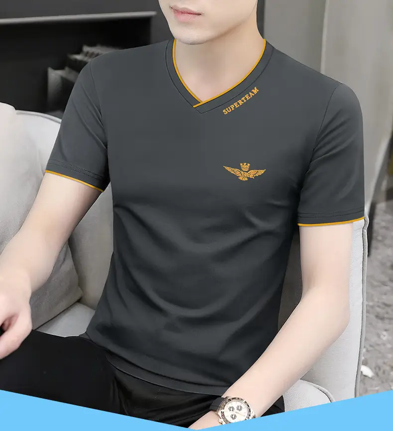 Men Ice Silk V-Neck T-Shirt Black Yellow — feature 2