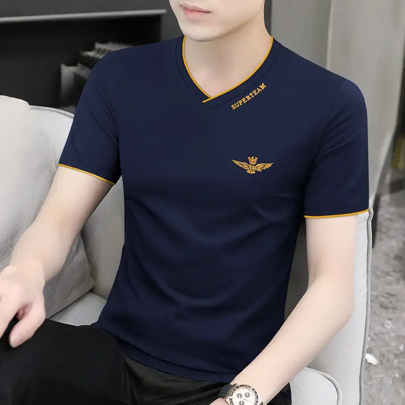 Men Ice Silk V-Neck T-Shirt Black Yellow - Image 3
