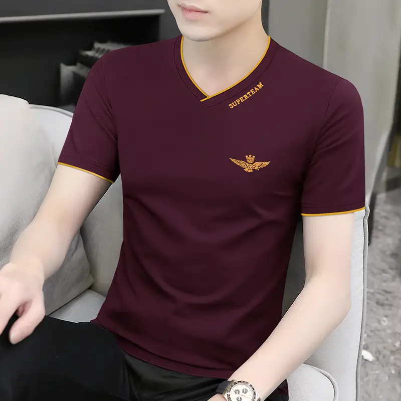 Men Ice Silk V-Neck T-Shirt Black Yellow - Image 4