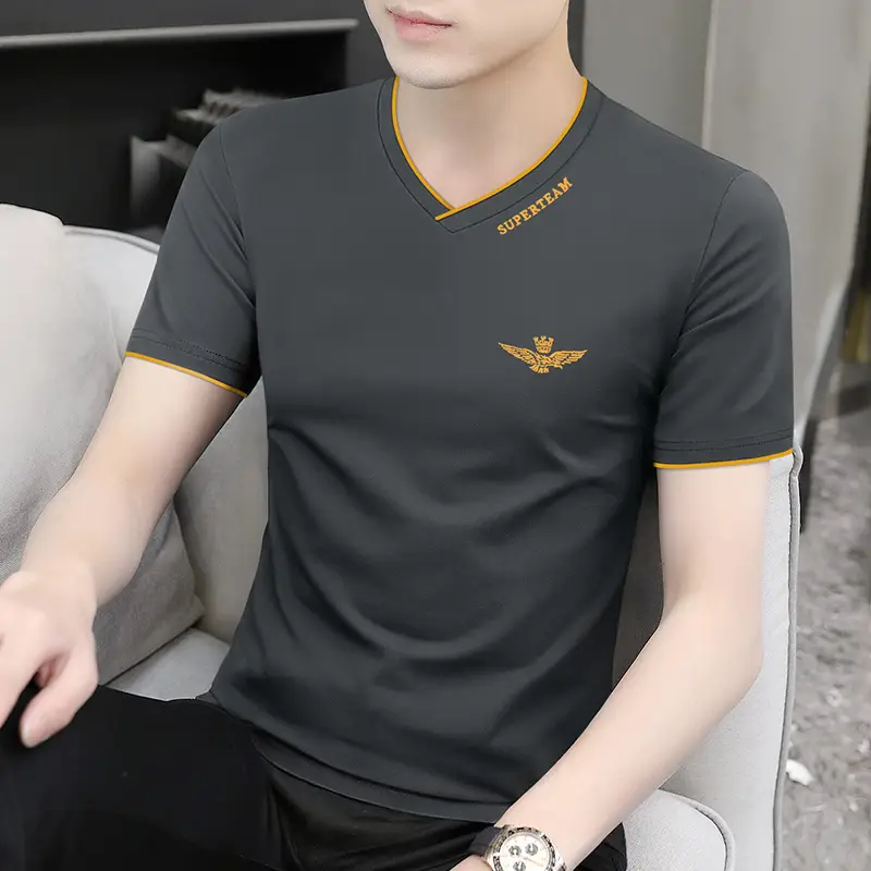 Men Ice Silk V-Neck T-Shirt Black Yellow - Image 5