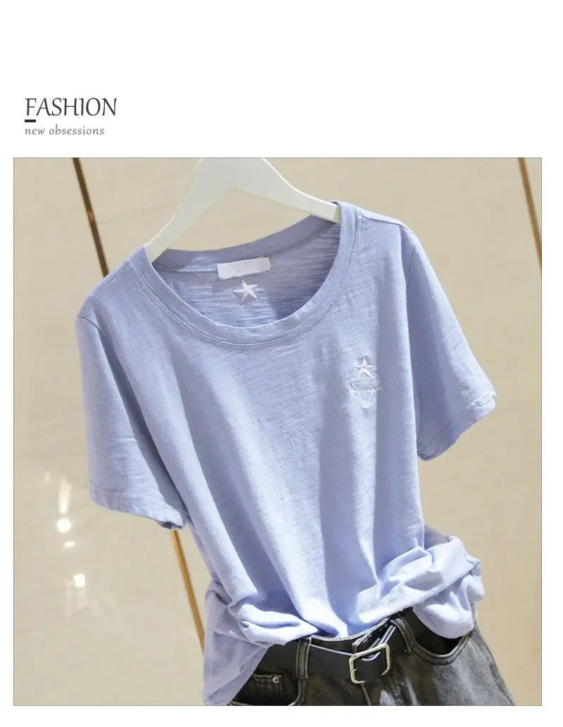 Pure Cotton Light Blue Women's T-Shirt Large Size — feature 12