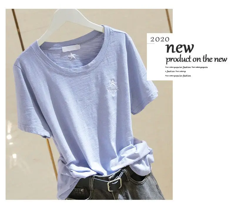 Pure Cotton Light Blue Women's T-Shirt Large Size — feature 4