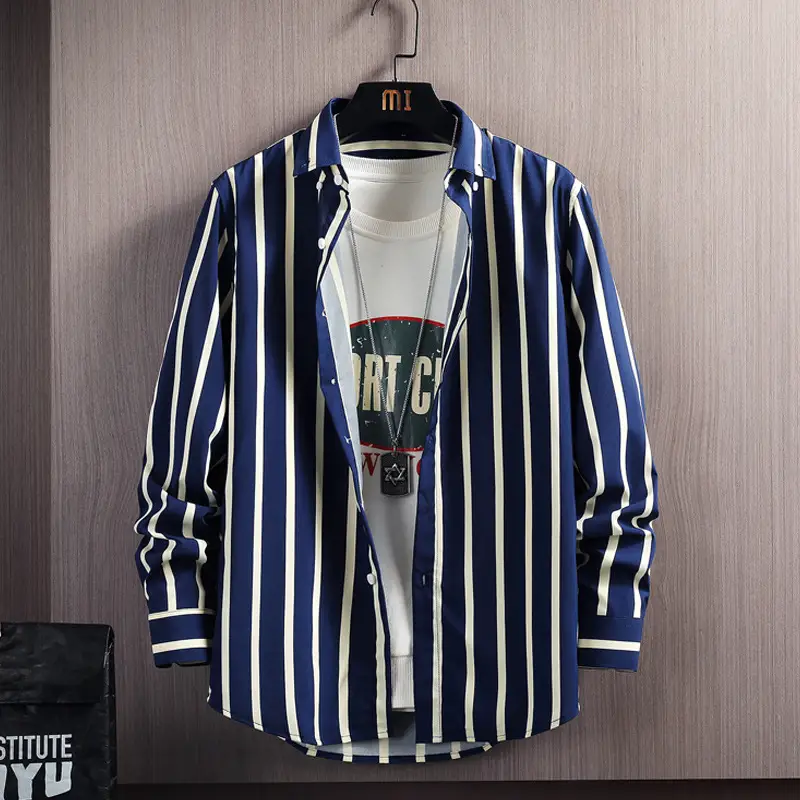 Men Vertical Striped Long Sleeve Shirt Spring Autumn Slim Fit - Image 2