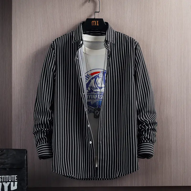 Men Vertical Striped Long Sleeve Shirt Spring Autumn Slim Fit - Image 3