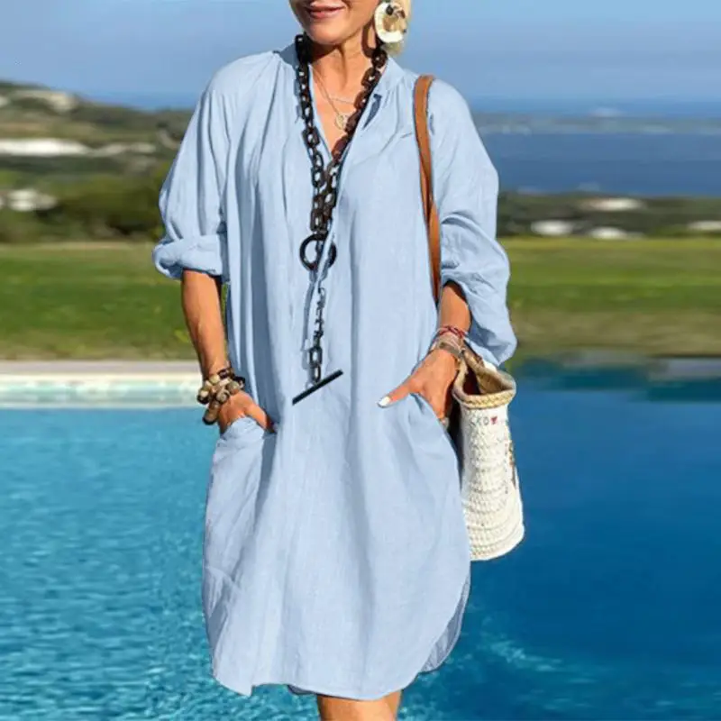 Women Linen V-Neck Dress Brown 2023 Spring - Image 2