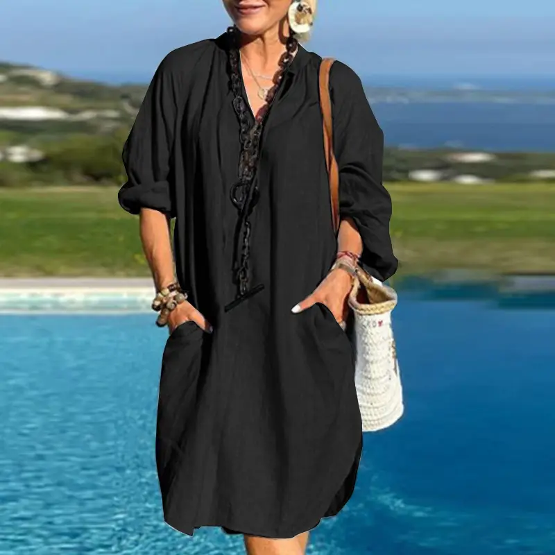 Women Linen V-Neck Dress Brown 2023 Spring - Image 3