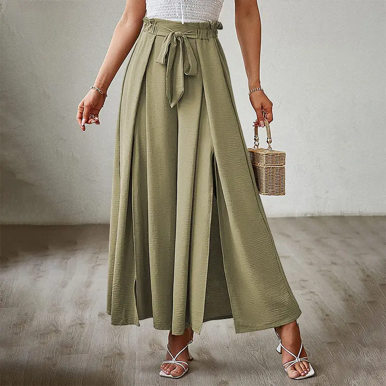 2025 Wide Leg Pleated Pants Cream High Waist Belted - Image 11
