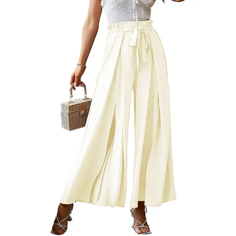 2025 Wide Leg Pleated Pants Cream High Waist Belted - Image 6