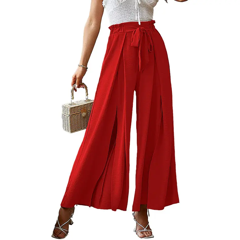 2025 Wide Leg Pleated Pants Cream High Waist Belted - Image 2