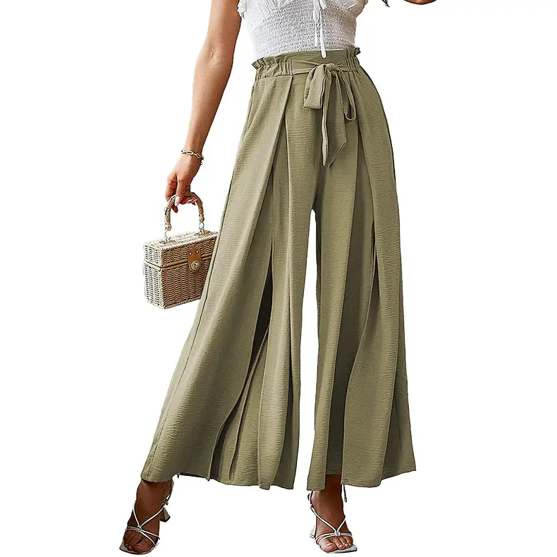 2025 Wide Leg Pleated Pants Cream High Waist Belted - Image 3