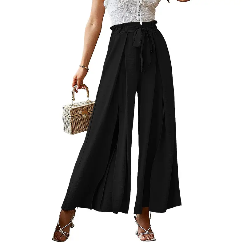 2025 Wide Leg Pleated Pants Cream High Waist Belted - Image 4