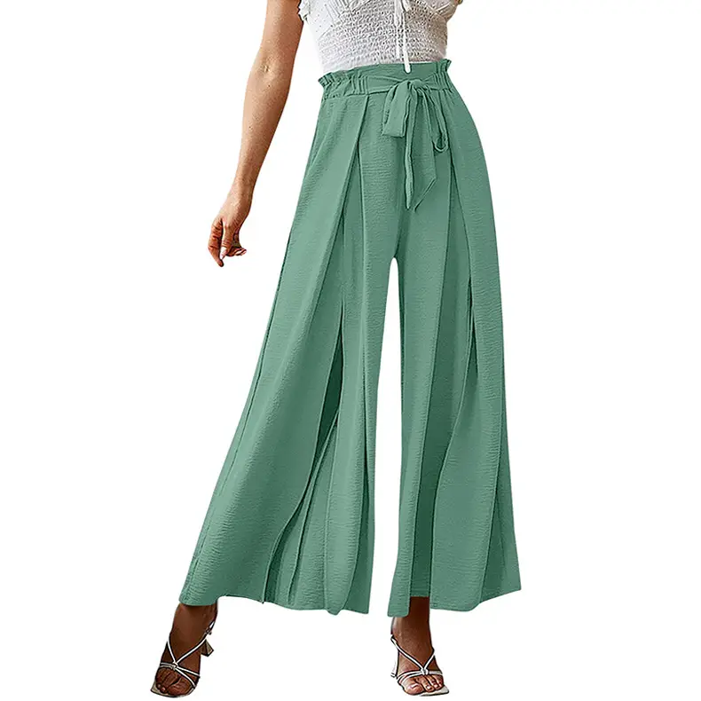 2025 Wide Leg Pleated Pants Cream High Waist Belted - Image 8