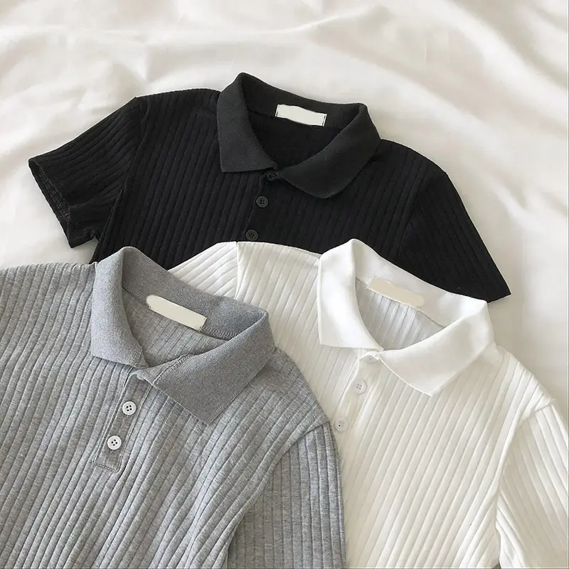 Women Black Ribbed Polo T-Shirt Slim Fit Summer - Image 5