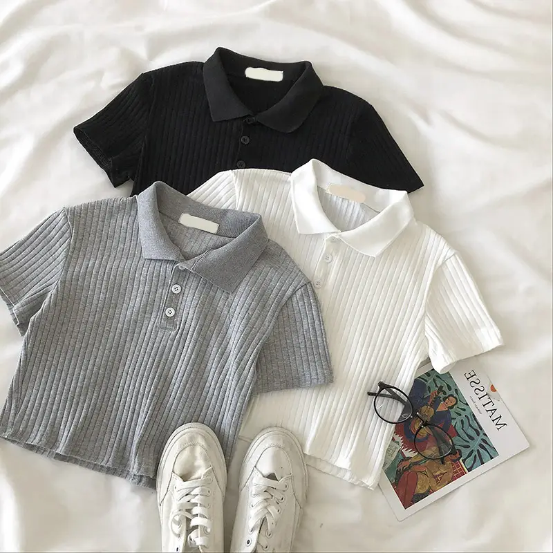 Women Black Ribbed Polo T-Shirt Slim Fit Summer - Image 6