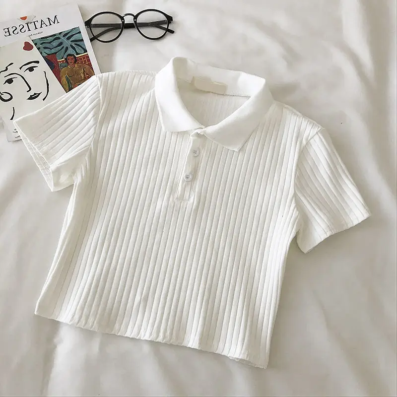 Women Black Ribbed Polo T-Shirt Slim Fit Summer - Image 7