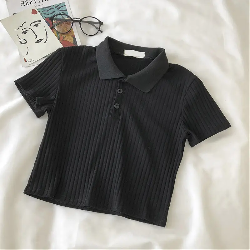 Women Black Ribbed Polo T-Shirt Slim Fit Summer - Image 8