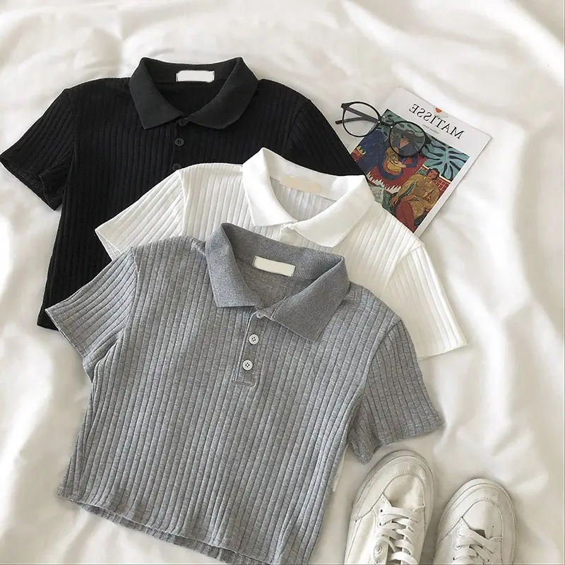 Women Black Ribbed Polo T-Shirt Slim Fit Summer - Image 2