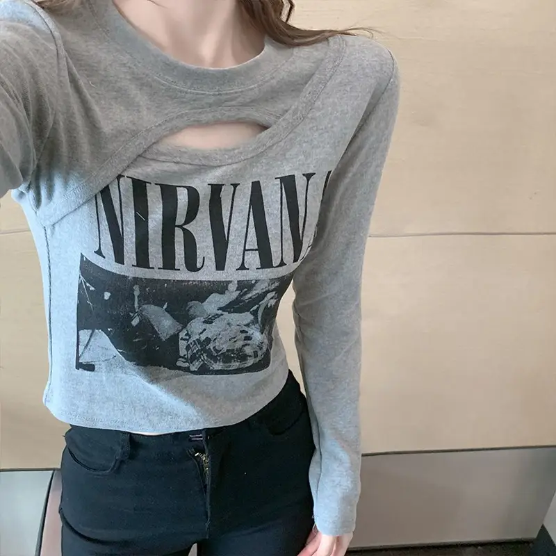 Women Korean Style Long Sleeve T-Shirt White Gray Set - Image 5