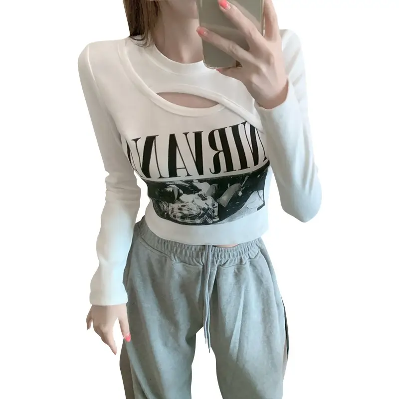 Women Korean Style Long Sleeve T-Shirt White Gray Set - Image 7