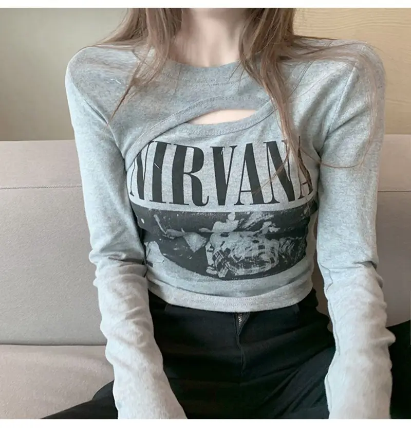 Women Korean Style Long Sleeve T-Shirt White Gray Set — feature 10