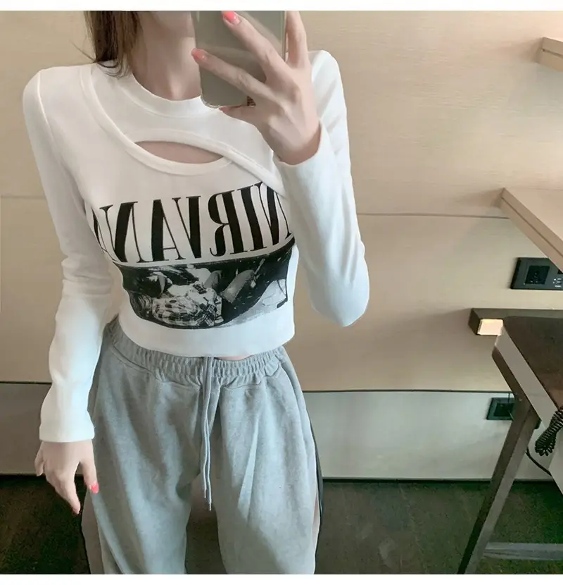 Women Korean Style Long Sleeve T-Shirt White Gray Set — feature 3