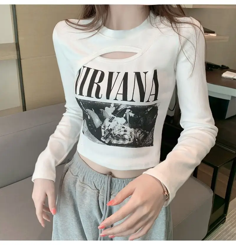 Women Korean Style Long Sleeve T-Shirt White Gray Set — feature 4