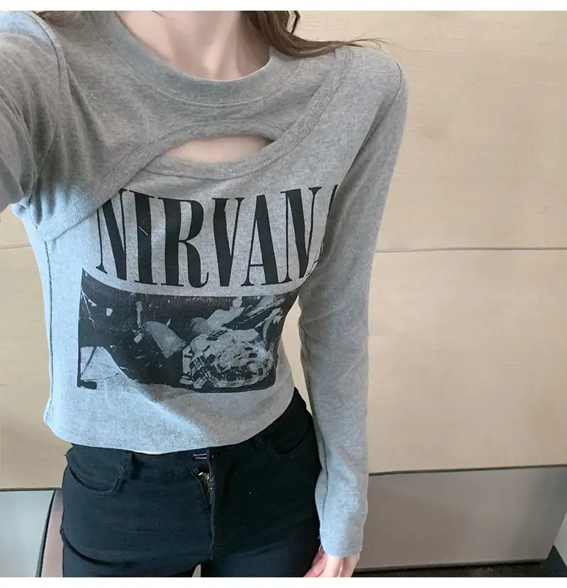 Women Korean Style Long Sleeve T-Shirt White Gray Set — feature 6