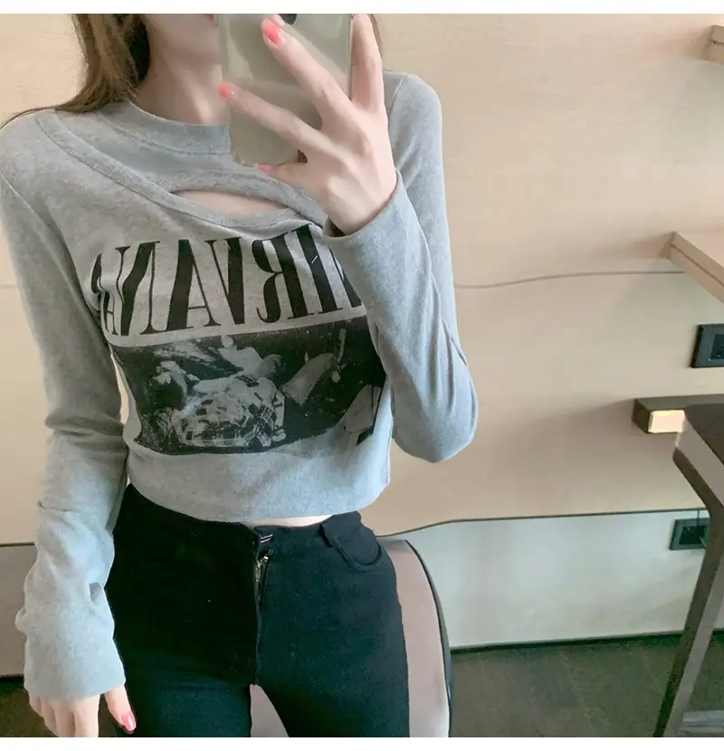 Women Korean Style Long Sleeve T-Shirt White Gray Set — feature 7