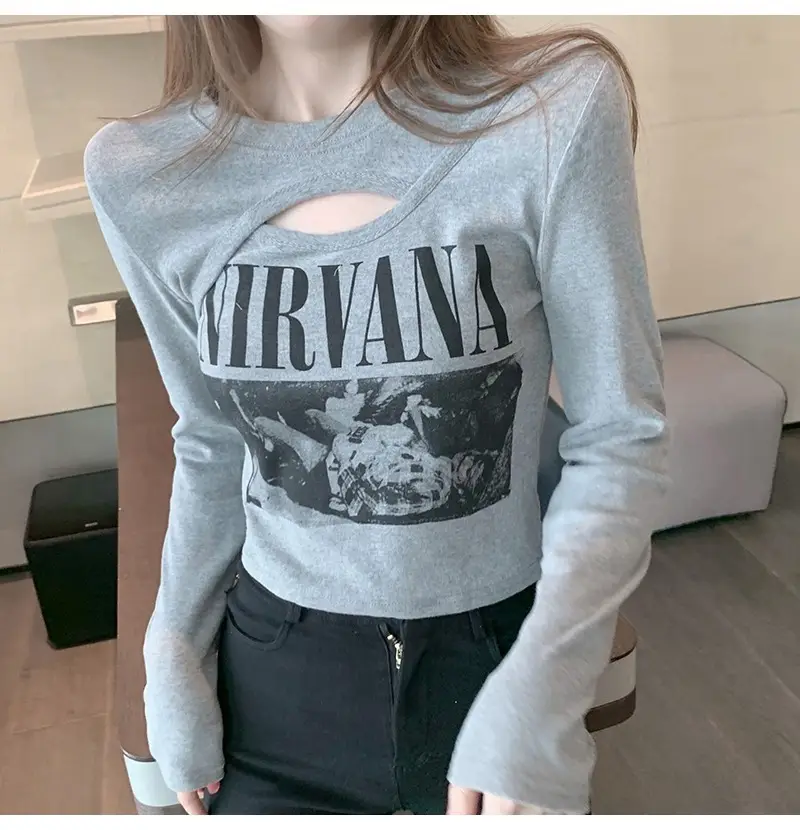 Women Korean Style Long Sleeve T-Shirt White Gray Set — feature 8