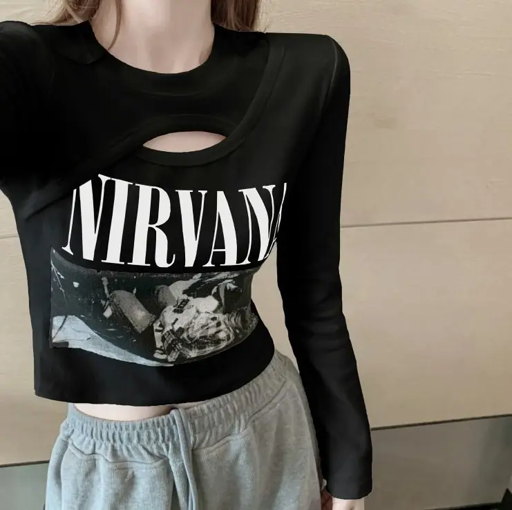 Women Korean Style Long Sleeve T-Shirt White Gray Set - Image 2