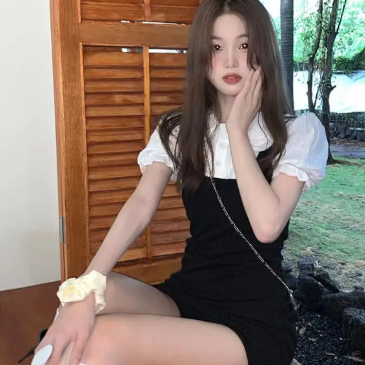 French Knitted Dress Doll Collar Lace Dress Slim Fit Short Fake Two-piece Dress - Image 2