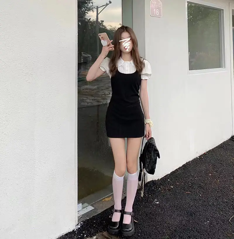 French Knitted Dress Doll Collar Lace Dress Slim Fit Short Fake Two-piece Dress — feature 11