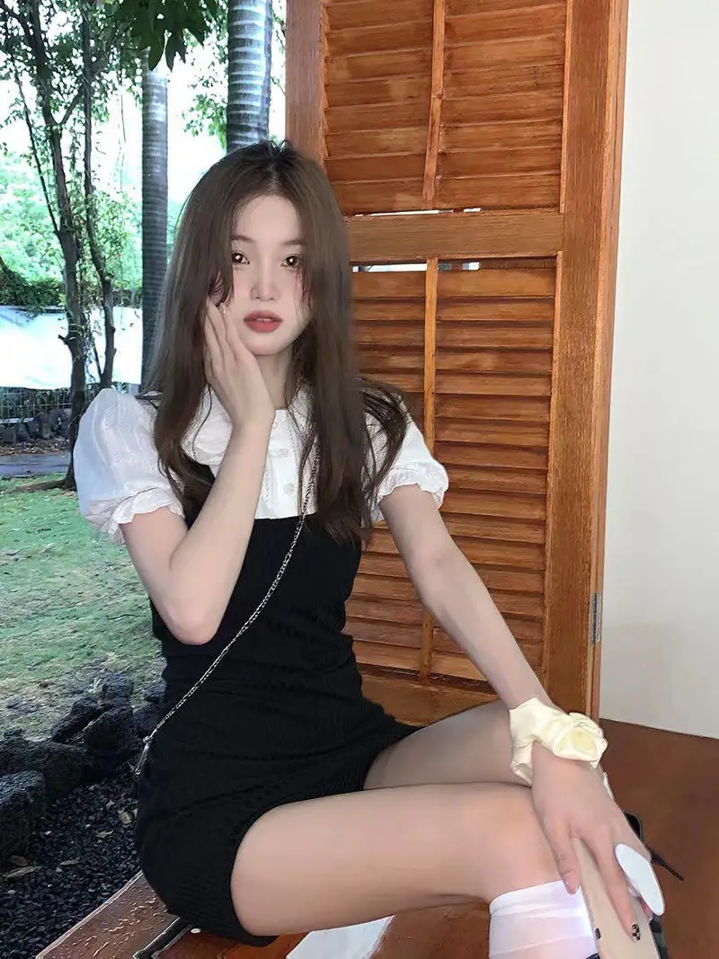 French Knitted Dress Doll Collar Lace Dress Slim Fit Short Fake Two-piece Dress — feature 2
