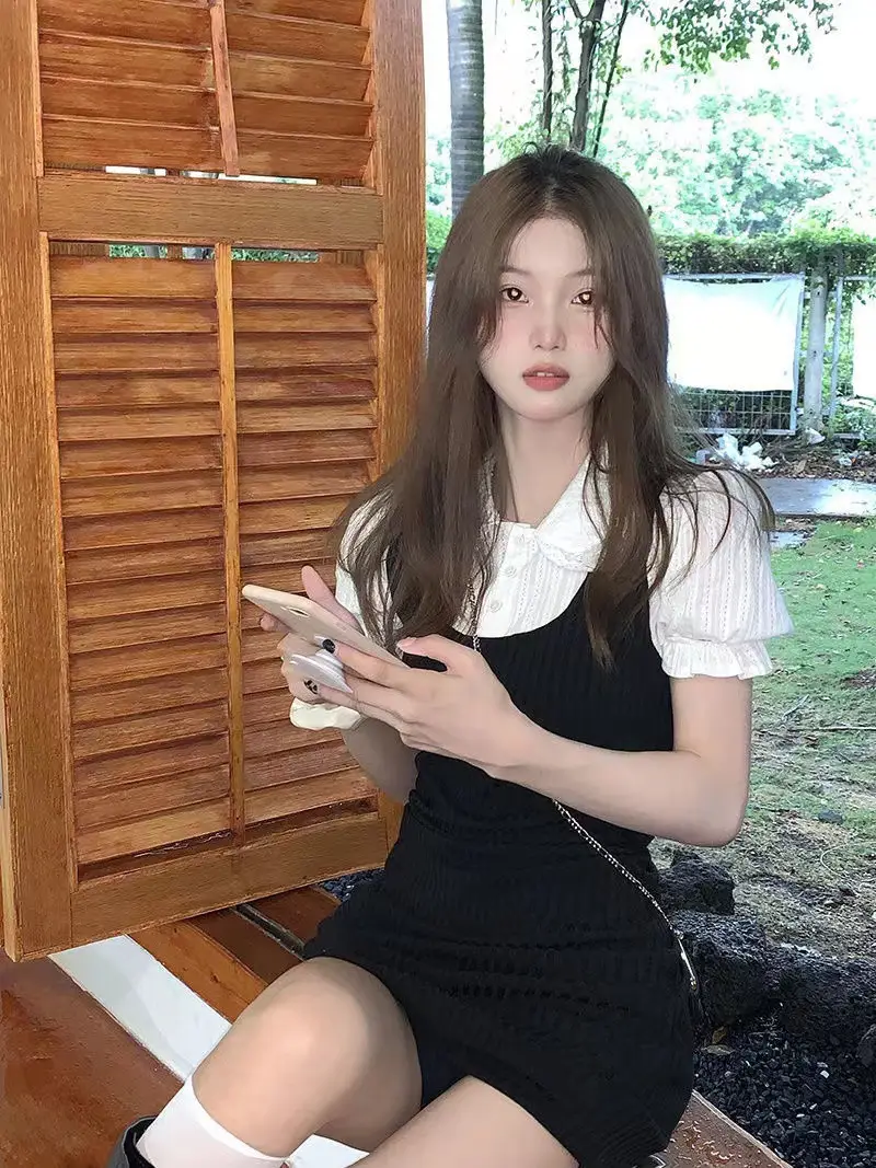 French Knitted Dress Doll Collar Lace Dress Slim Fit Short Fake Two-piece Dress — feature 3