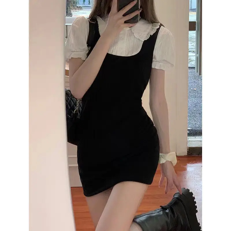 French Knitted Dress Doll Collar Lace Dress Slim Fit Short Fake Two-piece Dress — feature 6