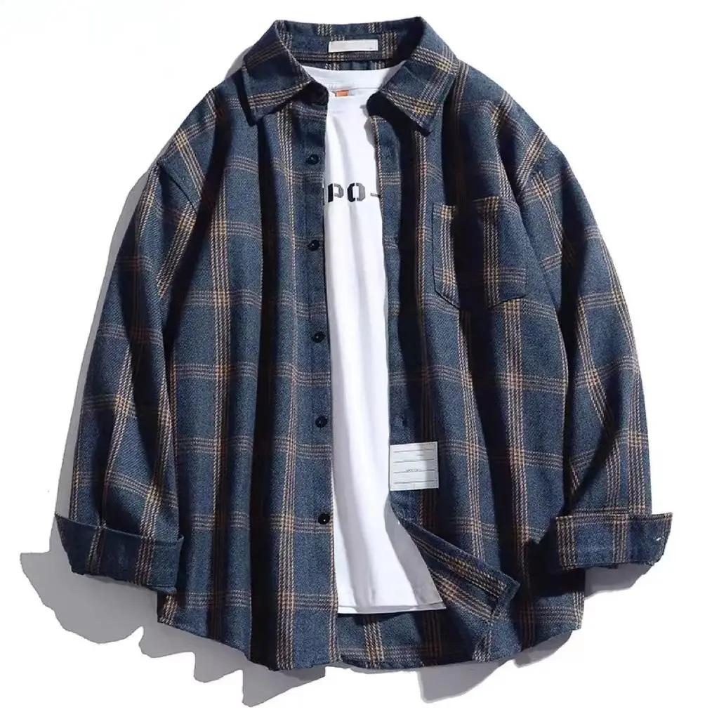 Men's Plaid Long Sleeve Shirt Blue Brown - Image 3