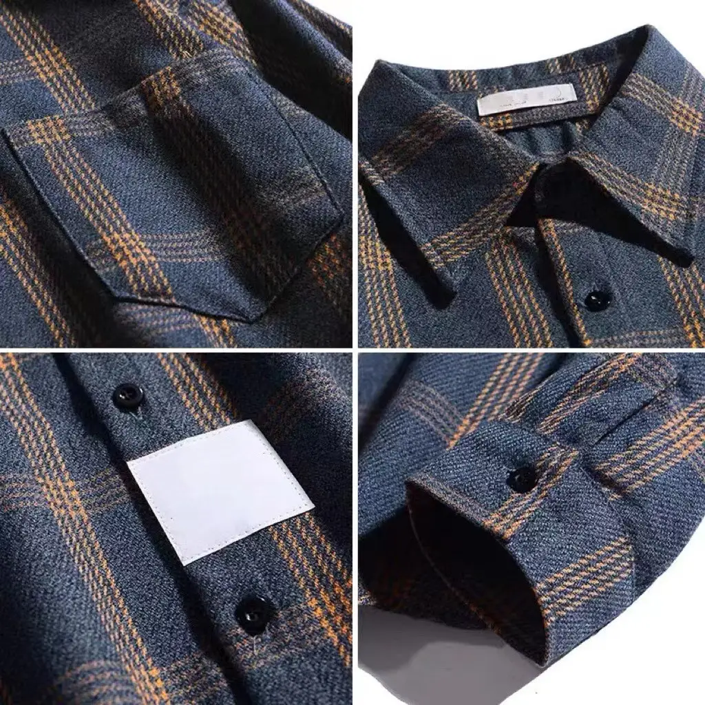 Men's Plaid Long Sleeve Shirt Blue Brown - Image 4
