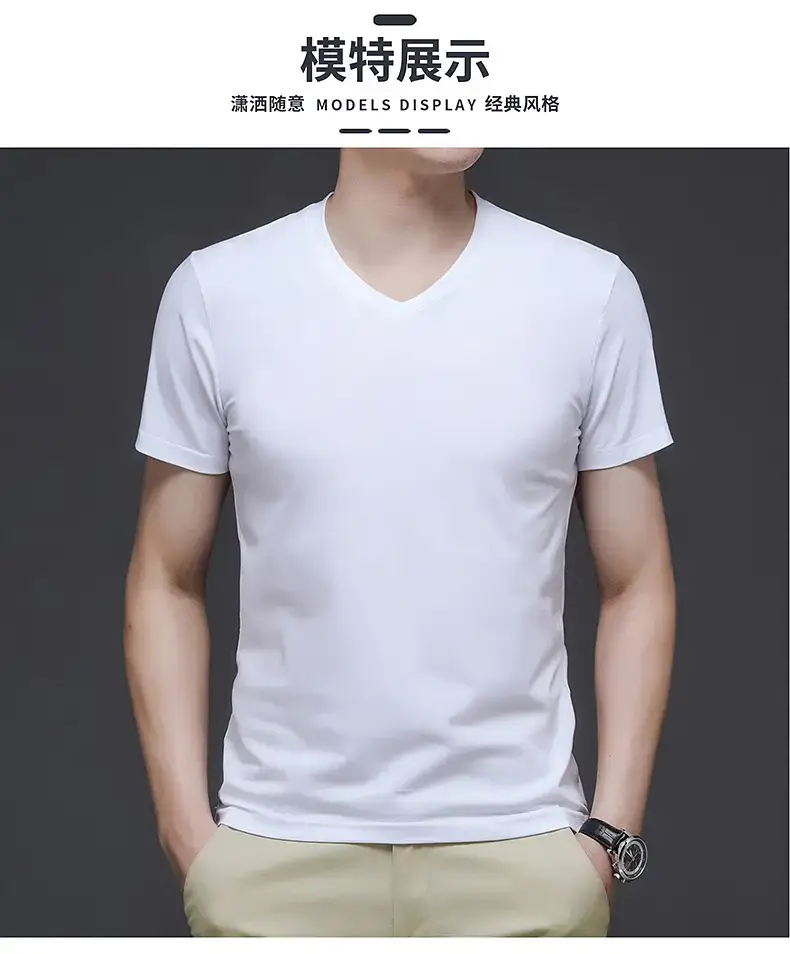 Men White V-Neck Cotton T-Shirt Summer — feature 11